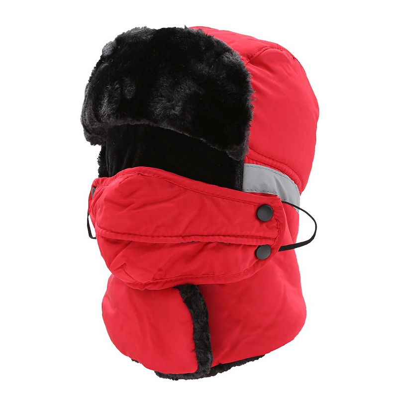 Winter windproof mountain ski cap with earflaps and closed neck, unisex red bomber hat for cold weather protection, SF0953.
